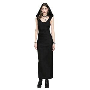 Black Hooded Goth Lace Up Back Maxi Dress Size XL